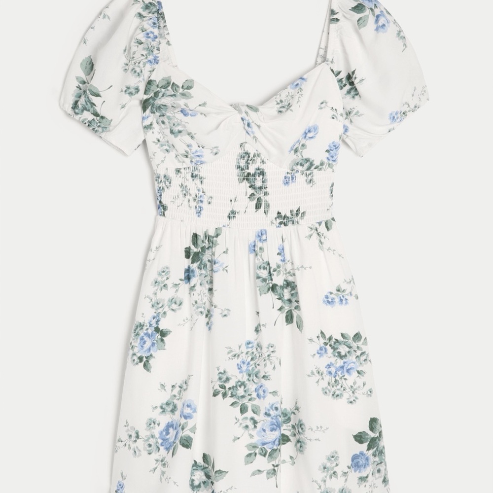 Hollister blue and white floral ruched waist midi skort dress